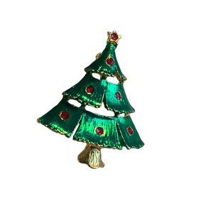 Christmas Tree Pin with Red Rhinestones Tree Decorations gold tone